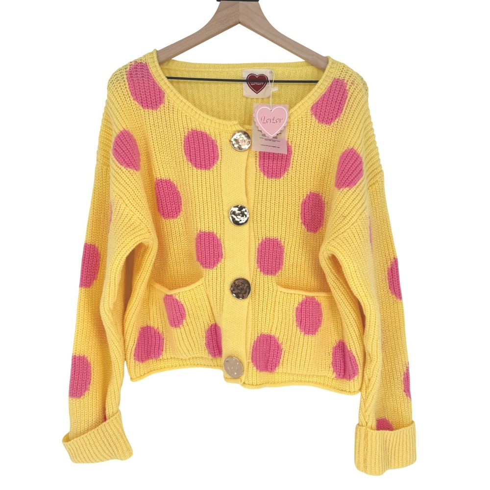 NWT LovLov Pink Yellow Polka Dot Cardigan Sweater Cute Colorful Coquette M